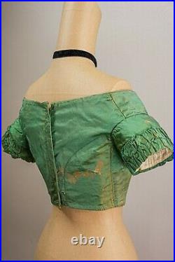 Antique Victorian 1850s Iridescent Green Silk Bodice, All Hand Sewn