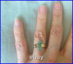 Antique Victorian 1850s Ring Turquoise Seed Pearl Hand Engraved sz 6.75 2.11g