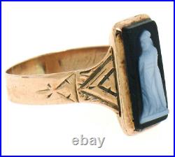 Antique Victorian 1880 Solid 14k Rose Gold Hand Engraved Agate Cameo Etched Ring