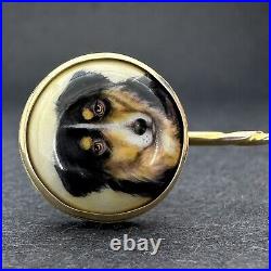 Antique Victorian 1887 Hand Painted W B Ford Dog Pin 18ct & 15ct Yellow Gold