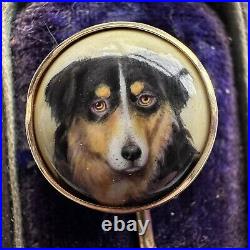 Antique Victorian 1887 Hand Painted W B Ford Dog Pin 18ct & 15ct Yellow Gold