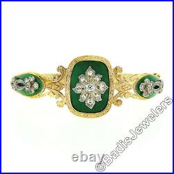 Antique Victorian 18K Gold Diamond & Green Enamel Hand Engraved Bangle Bracelet