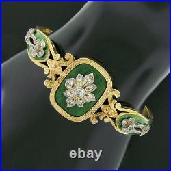 Antique Victorian 18K Gold Diamond & Green Enamel Hand Engraved Bangle Bracelet