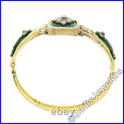 Antique Victorian 18K Gold Diamond & Green Enamel Hand Engraved Bangle Bracelet