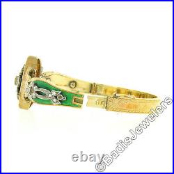 Antique Victorian 18K Gold Diamond & Green Enamel Hand Engraved Bangle Bracelet