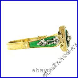 Antique Victorian 18K Gold Diamond & Green Enamel Hand Engraved Bangle Bracelet