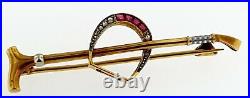 Antique Victorian 18K Gold Horse Riding Crop Whip BroochOld Diamonds+Rubies Set