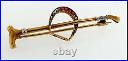 Antique Victorian 18K Gold Horse Riding Crop Whip BroochOld Diamonds+Rubies Set