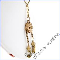 Antique Victorian 18K Gold Old Mine Diamond Hand Etched Tassel Pendant 36 Chain