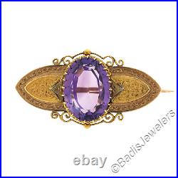 Antique Victorian 18k Gold 13.50ctw Oval Amethyst with Hand Engraved Brooch Pin