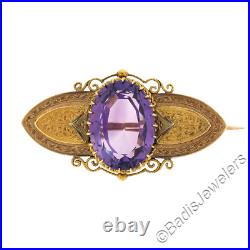 Antique Victorian 18k Gold 13.50ctw Oval Amethyst with Hand Engraved Brooch Pin