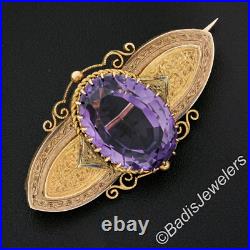 Antique Victorian 18k Gold 13.50ctw Oval Amethyst with Hand Engraved Brooch Pin