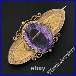 Antique Victorian 18k Gold 13.50ctw Oval Amethyst with Hand Engraved Brooch Pin