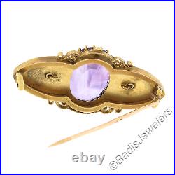 Antique Victorian 18k Gold 13.50ctw Oval Amethyst with Hand Engraved Brooch Pin