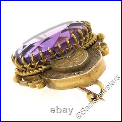 Antique Victorian 18k Gold 13.50ctw Oval Amethyst with Hand Engraved Brooch Pin