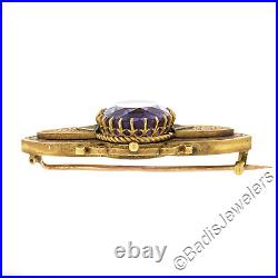 Antique Victorian 18k Gold 13.50ctw Oval Amethyst with Hand Engraved Brooch Pin