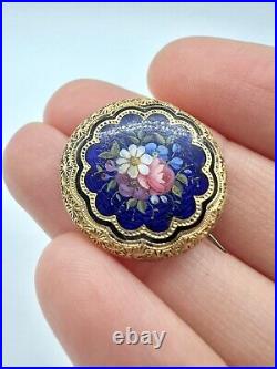 Antique Victorian 18k Guilloche Blue Enamel Hand Painted Flower Brooch Pin