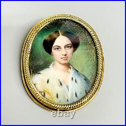 Antique Victorian 18k Yellow Gold 1856 Hand Painted Portrait Engraved Brooch