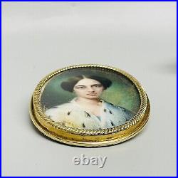 Antique Victorian 18k Yellow Gold 1856 Hand Painted Portrait Engraved Brooch