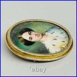 Antique Victorian 18k Yellow Gold 1856 Hand Painted Portrait Engraved Brooch