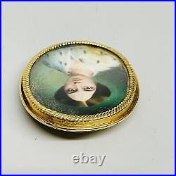 Antique Victorian 18k Yellow Gold 1856 Hand Painted Portrait Engraved Brooch