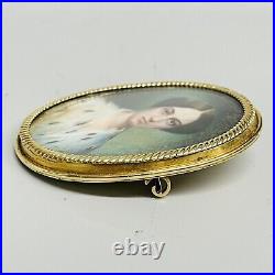 Antique Victorian 18k Yellow Gold 1856 Hand Painted Portrait Engraved Brooch