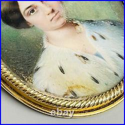 Antique Victorian 18k Yellow Gold 1856 Hand Painted Portrait Engraved Brooch