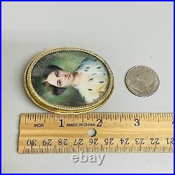 Antique Victorian 18k Yellow Gold 1856 Hand Painted Portrait Engraved Brooch