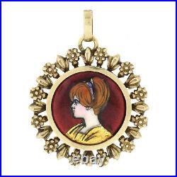 Antique Victorian 19k Gold Hand Painted Portrait Etched Floral Frame Pendant