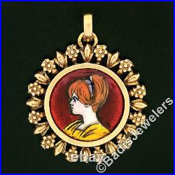 Antique Victorian 19k Gold Hand Painted Portrait Etched Floral Frame Pendant