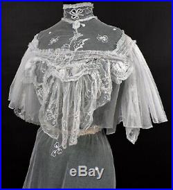 Antique Victorian 19th C Hand Made Romantic Tambour Lace White Dress W Ruffles