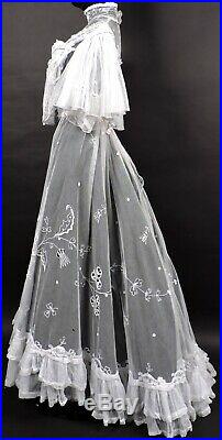 Antique Victorian 19th C Hand Made Romantic Tambour Lace White Dress W Ruffles