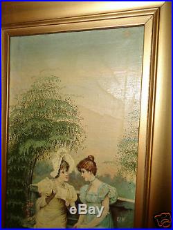 Antique Victorian 1/2 Yardlong Hand Panted Painting Print On Canvas Lady Pr