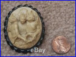 Antique Victorian 3 Angels hand carved lava gutta percha cameo 3D brooch pin
