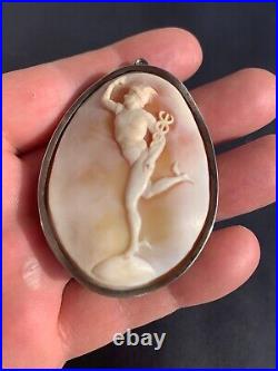 Antique Victorian 800 Silver Hand Carved Shell Cameo Pendant Cameo God Mercury