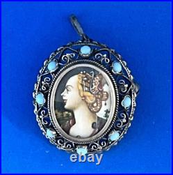 Antique Victorian 800 Silver Hand Painted Portrait Filigree & Turquoise
