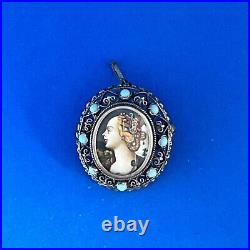 Antique Victorian 800 Silver Hand Painted Portrait Filigree & Turquoise