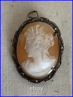 Antique Victorian 800 Silver Marcasite Hand Carved Cameo Pin & Pendant 1800's