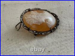 Antique Victorian 800 Silver Marcasite Hand Carved Cameo Pin & Pendant 1800's