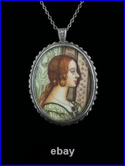 Antique Victorian 800 Silver Miniature Hand Painted Portrait Brooch Necklace 18â