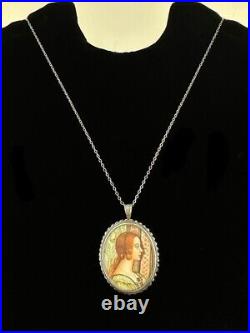 Antique Victorian 800 Silver Miniature Hand Painted Portrait Brooch Necklace 18â