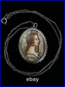 Antique Victorian 800 Silver Miniature Hand Painted Portrait Brooch Necklace 18â