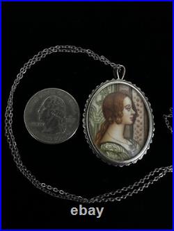 Antique Victorian 800 Silver Miniature Hand Painted Portrait Brooch Necklace 18â