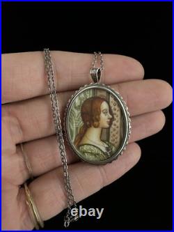 Antique Victorian 800 Silver Miniature Hand Painted Portrait Brooch Necklace 18â