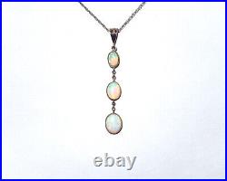Antique Victorian 9K Gold Lavaliere Necklace Pendant w Bezel Set Fire Opals, 16