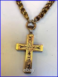 Antique Victorian 9 Kt Rose GoldHand Made ChainLGEnameled Chased Cross20 gms