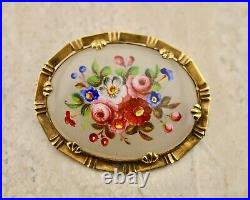 Antique Victorian 9ct 375 yellow gold & hand painted glass floral brooch pin