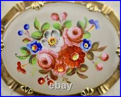 Antique Victorian 9ct 375 yellow gold & hand painted glass floral brooch pin