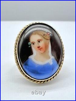 Antique Victorian 9ct Gold Hand-Painted On Porcelain Lady Portrait Ring 9k/375