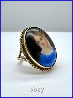 Antique Victorian 9ct Gold Hand-Painted On Porcelain Lady Portrait Ring 9k/375
